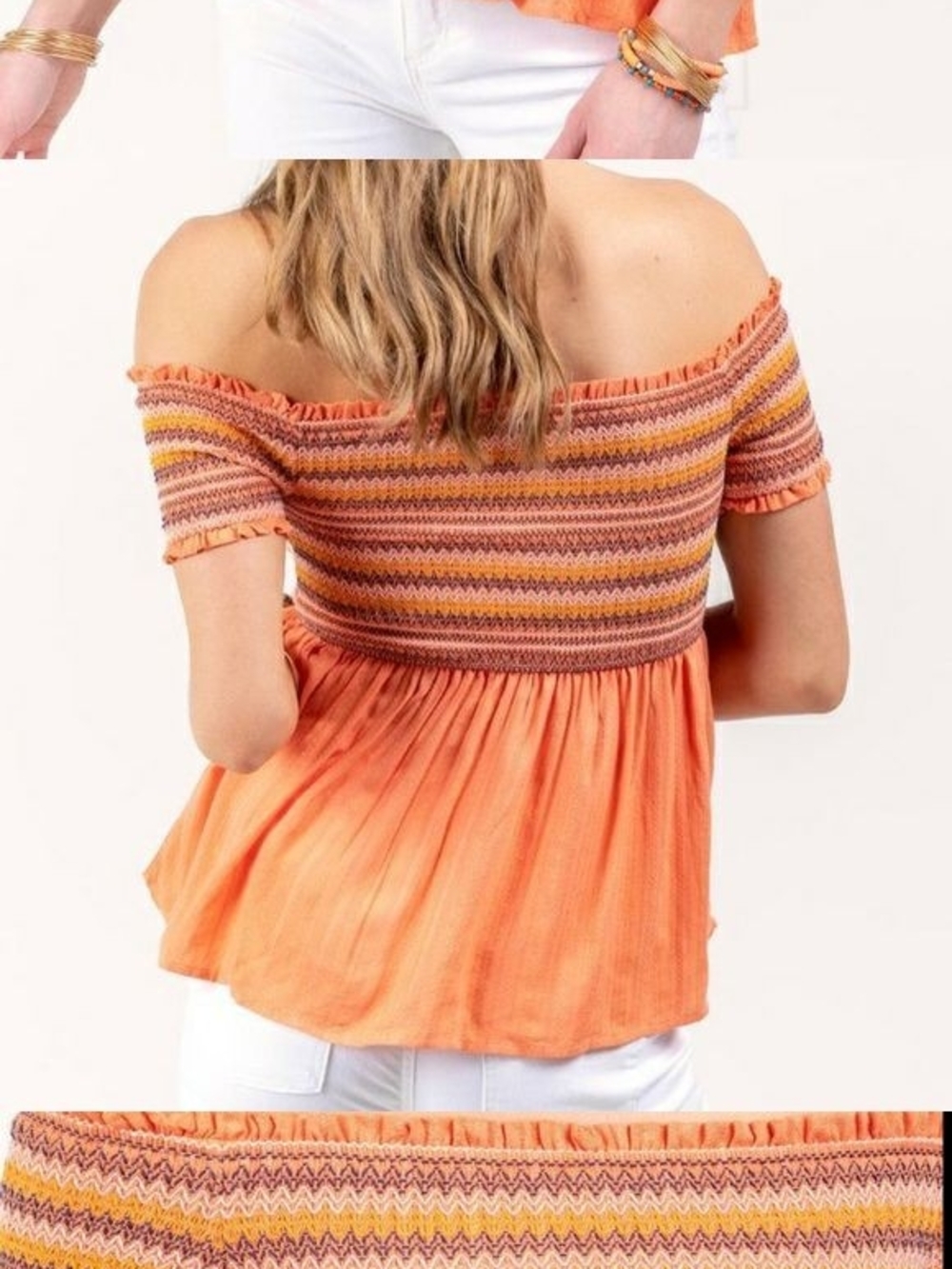 Off-Shoulder Smocked Crop Top Promesa Orange Striped  #0189